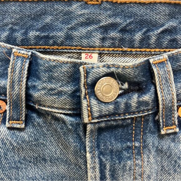 Levi's Premium Denim Jean Button Fly Midi Skirt Raw Hem Distressed Size 26 Slit - Picture 8 of 12